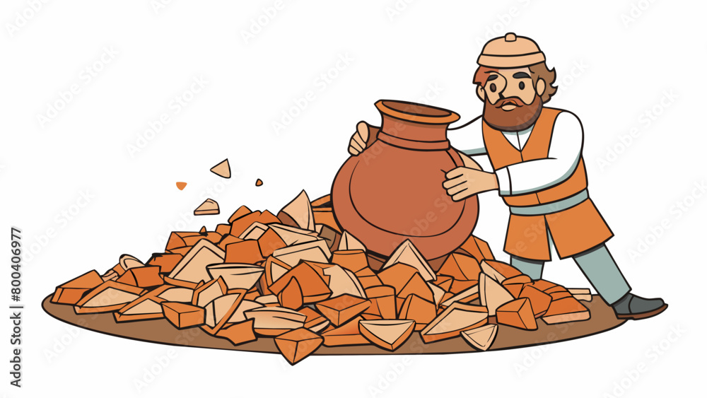 Poster Amidst a pile of broken pottery shards an archaeologist uncovers a intact vessel. The vessel is decorated with a repeating pattern of geometric shapes. Cartoon Vector.
