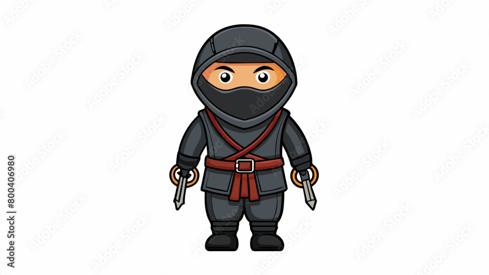 Poster An allblack ninja costume with a sleek bodysuit a hood with a face mask and multiple pockets for storing mini ninja tools such as throwing stars and a. Cartoon Vector.