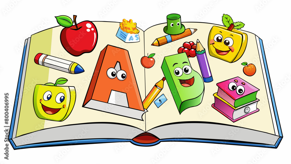Poster An alphabet coloring book with each page featuring a letter of the alphabet surrounded by corresponding objects. The paper is smooth and thin perfect. Cartoon Vector.
