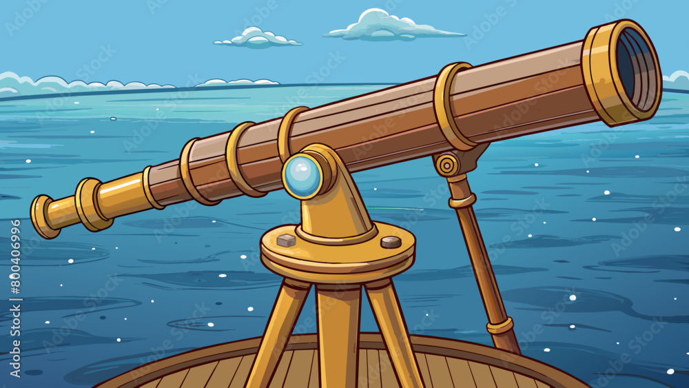 Wall mural An ancient wooden telescope with a small scuffed eyepiece and worn brass fittings used for exploring the ocean horizon. On a clear day ships can be. Cartoon Vector.