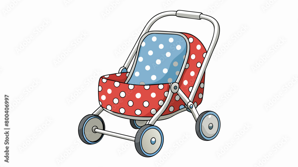 Poster an adorable doll stroller with a sy metal frame rubber wheels for smooth pushing and a stylish polka