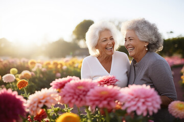 An elderly women smiles in the garden near a flowering bush. - Powered by Adobe