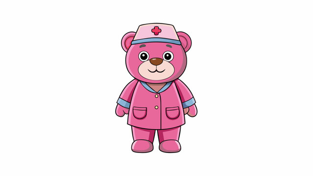 An adorable pink set of toy doctor scrubs designed for a childs favorite teddy bear or stuffed animal. The scrubs have a e teddy bear face embroidered. Cartoon Vector.