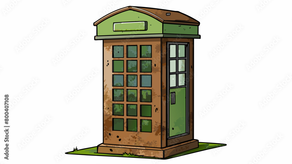 Poster An oldfashioned telephone booth covered in rust and moss. A hidden keypad reveals itself when picked up allowing the user to enter their desired date. Cartoon Vector.