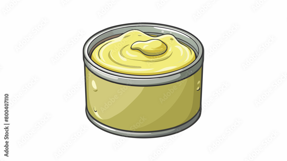 Poster an opaque pale yellow liquid housed in a metal can with a slightly thick consistency. it has a disti