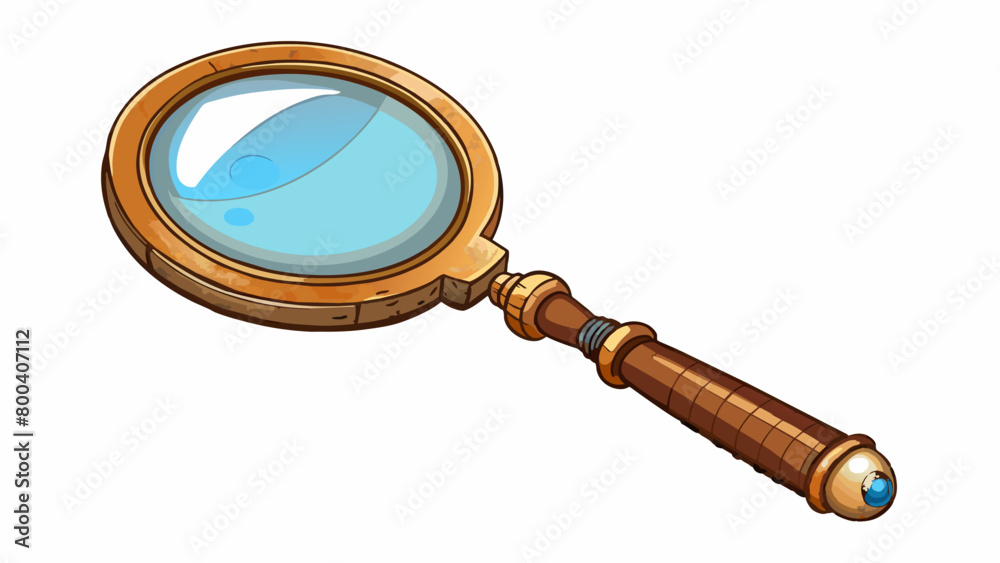 Poster An old rusty magnifying glass with a tarnished brass frame. The lens is cloudy and scratched but still capable of magnifying objects. It has a vintage. Cartoon Vector.