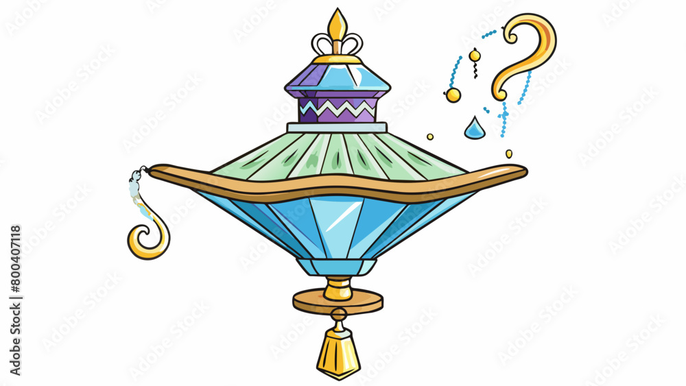 Poster An ornate lamp made of shimmering crystal with a dangling tassel attached to its cap. When lit it reveals hidden messages and answers to the owners. Cartoon Vector.