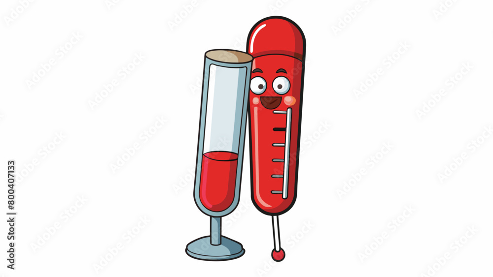 Poster an outdoor thermometer comprised of a metal frame and a long thin tube with a red liquid inside. the