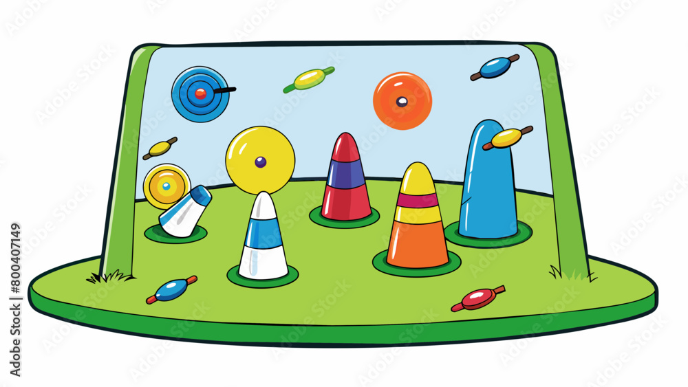 Poster an outdoor game played in a grassy backyard using a set of plastic darts with brightly colored body 