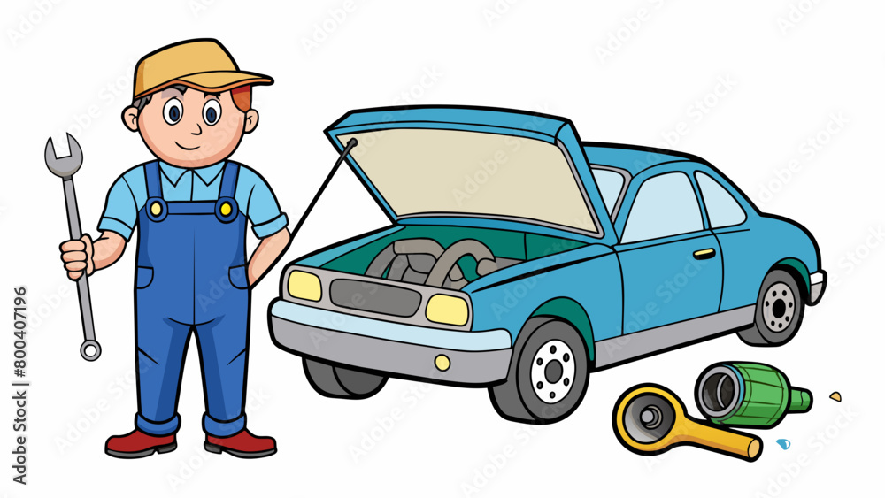 Poster As soon as the car broke down on the side of the road the engineer popped open the hood and began examining the engine. They had a set of tools in. Cartoon Vector.