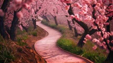A winding pathway through a tunnel of cherry blossom trees in full bloom.