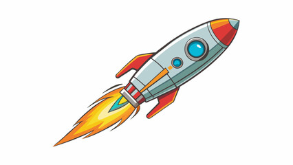 As it blasted off into the sky the rocket ships metal exterior glinted in the sunlight. Its cylindrical body was adorned with colorful decals and. Cartoon Vector.
