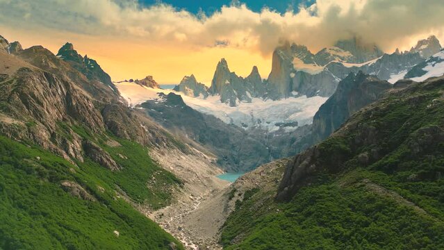 Aerial view on mount Fitzroy with lake Laguna de Los Tres and sunset in Patagonia, El Chalten, Argentina.