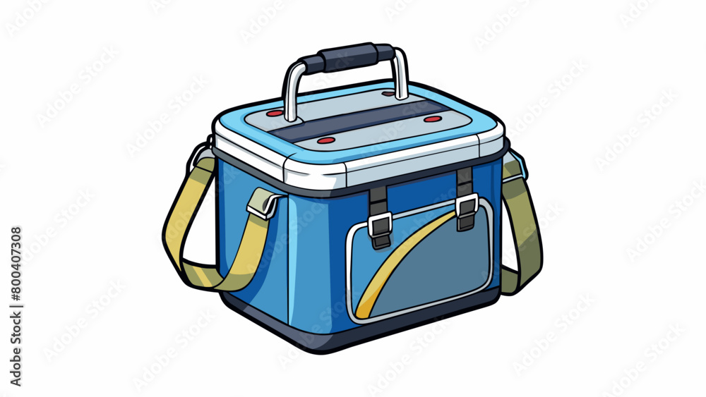 Poster Cooler C is a collapsible nylon bag with a shiny reflective material on the outside. It has a zippered closure and can hold a large amount of drinks. Cartoon Vector.