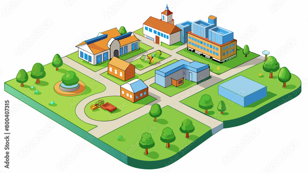 Poster Campus Map A simple campus map showing the layout of a university or college campus. The map includes buildings labeled with letters or numbers as. Cartoon Vector.