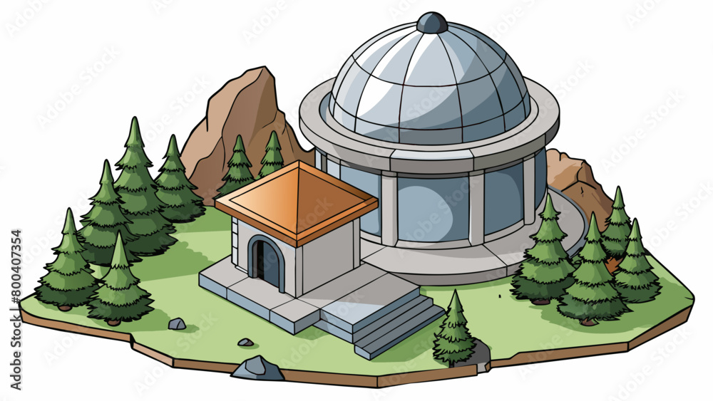 Poster Deep in the mountains a stone structure with a round glass roof sits nestled within the trees. Visitors can climb up to the observation deck at the. Cartoon Vector.