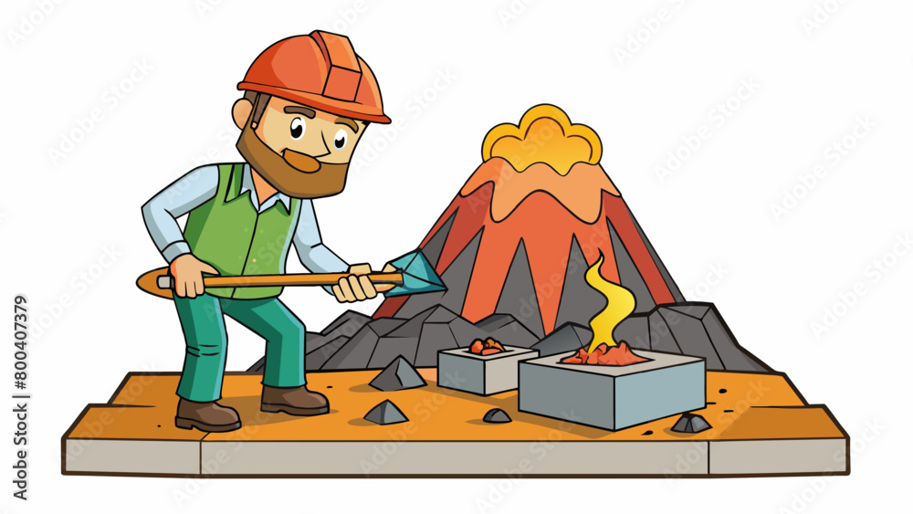 Poster During a field expedition a geologist may collect samples of lava from a volcano to analyze its composition and infer the level of volcanic activity.. Cartoon Vector.