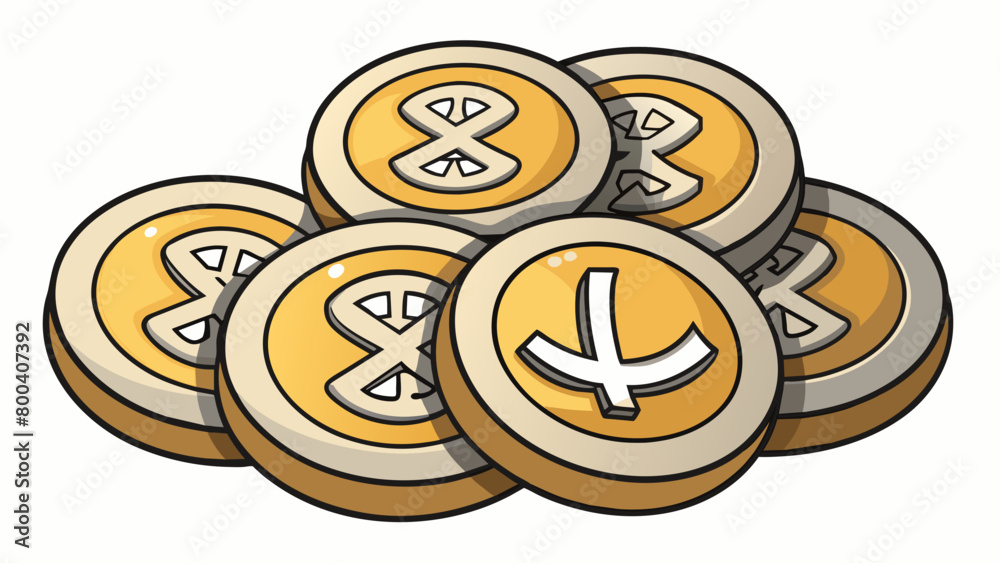 Poster Faux Metal Coins A collection of small round tokens made to look like metal. Each coin has a different value printed on it and is engraved with unique. Cartoon Vector.