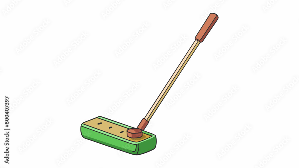 Poster Finally we have a putter the smallest and simplest of all the golf clubs. It has a short handle and a flat rectangularshaped head. The head is angled. Cartoon Vector.