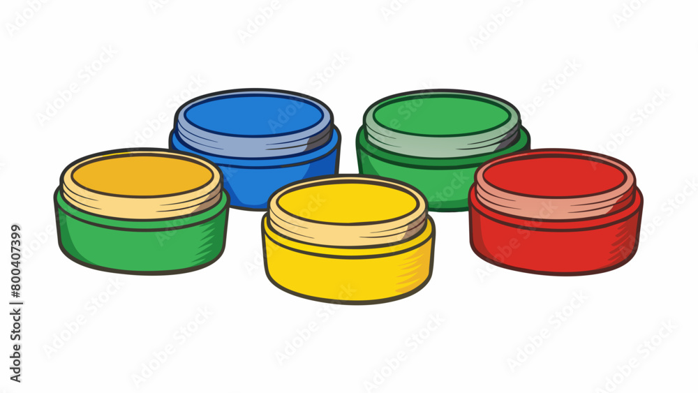 Poster Five round containers of finger paints each with a different primary color and a textured rubber grip around the sides for easy handling. The tops of. Cartoon Vector.