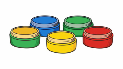 Five round containers of finger paints each with a different primary color and a textured rubber grip around the sides for easy handling. The tops of. Cartoon Vector.