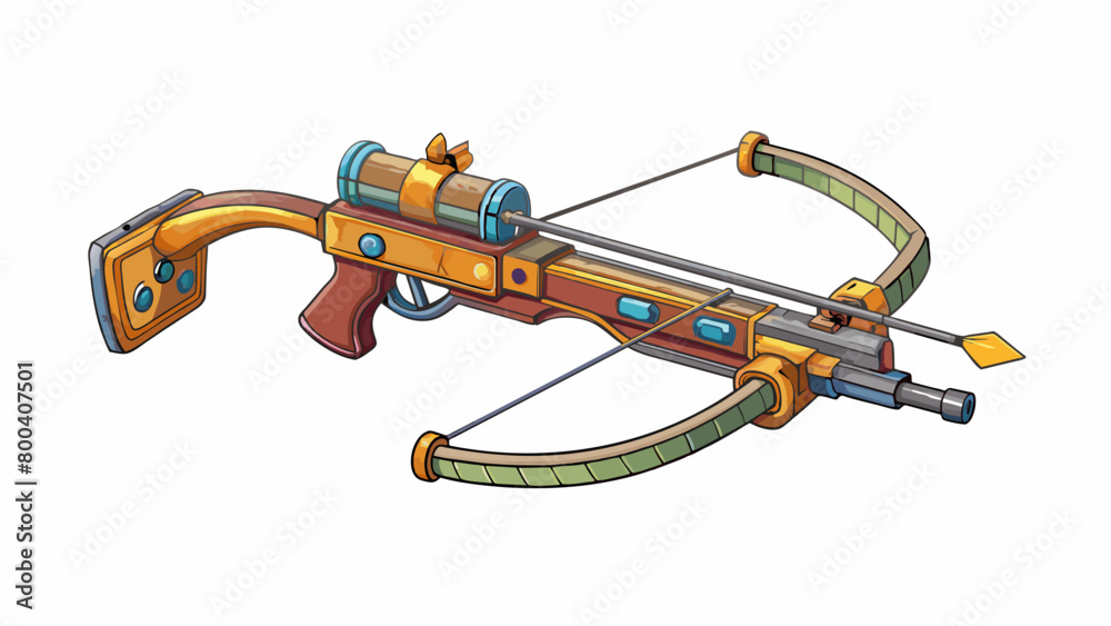 Poster Imagine a handheld device that resembles a mix between a bow and a rifle. The front end has a short wide bow with an arrow knocked on the string while. Cartoon Vector.