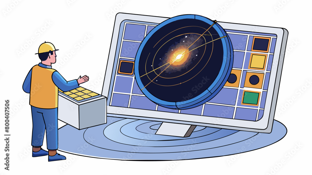 Aufkleber In a dark observatory an Astronomer hovers over a computer screen analyzing data from a recent spacecraft mission. The data shows detailed images of a. Cartoon Vector.
