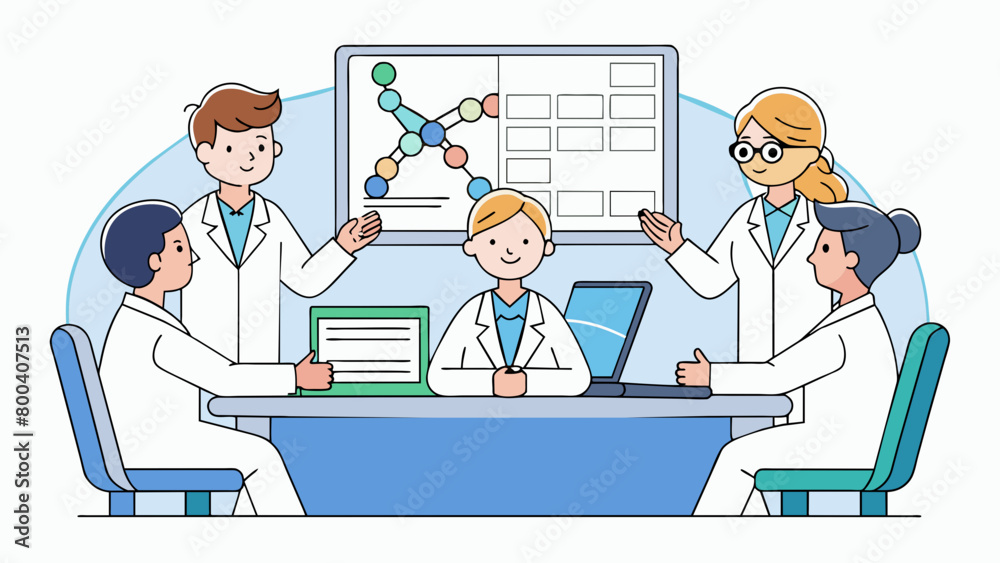 Aufkleber In a research facility a group of geneticists are sitting at a conference table looking at a computer screen with a DNA sequence displayed. They all. Cartoon Vector.