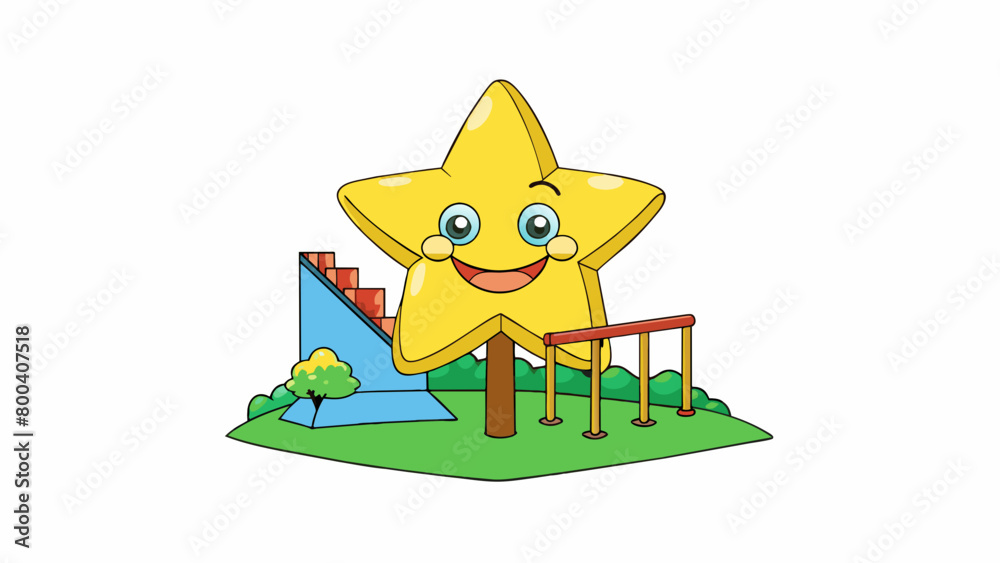 Poster In a childs drawing a yellow star with five pointy rays and a smiling face sits at the top of a tree shining over the playground below.  on white. Cartoon Vector.