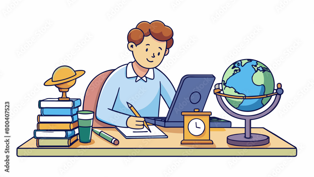 Poster In a dark dimly lit room an Astronomer sits at a desk filled with stacks of papers and books scribbling calculations and notes in a worn notebook. On. Cartoon Vector.
