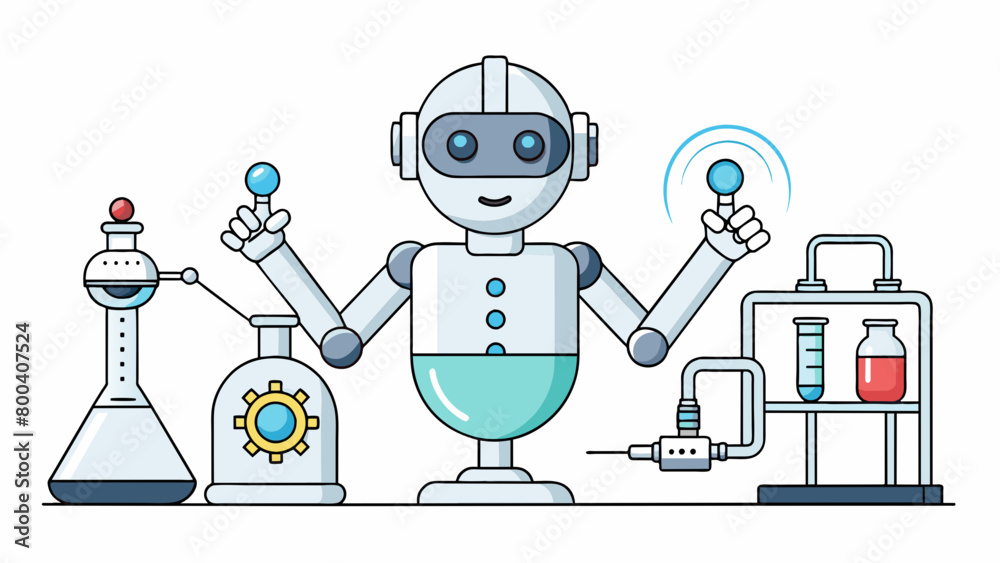 Poster In a laboratory a sleek white robot is conducting experiments. Its body is composed of smooth curved lines and it has a round glass head filled with. Cartoon Vector.
