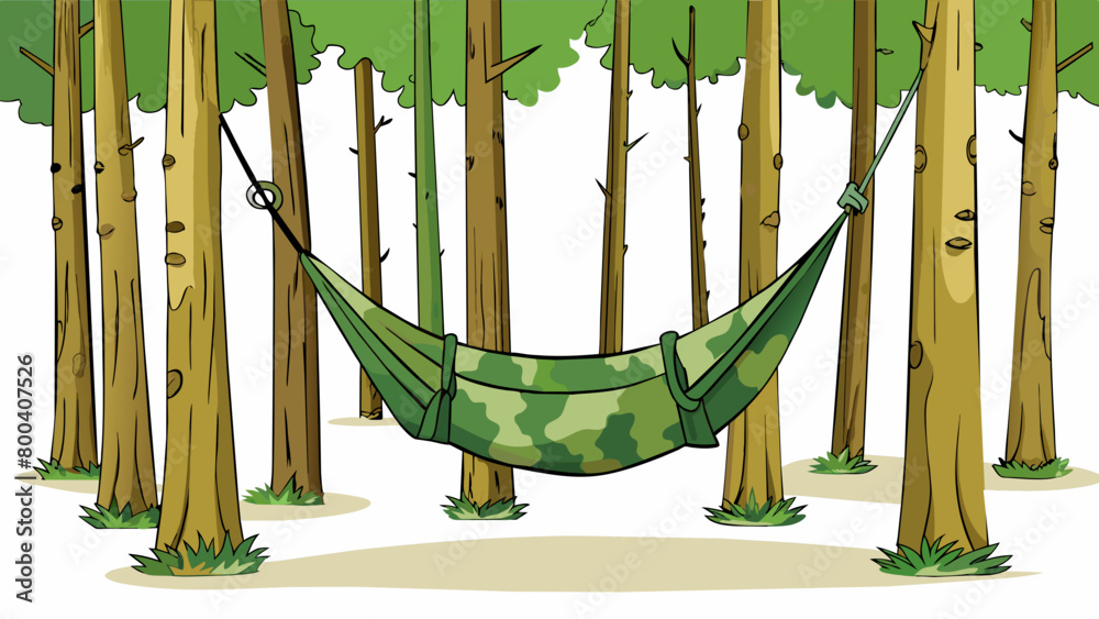 Poster In a dense forest a hammock made of camouflage fabric blends seamlessly with the surrounding trees. It is suspended between two thick trunks offering. Cartoon Vector.