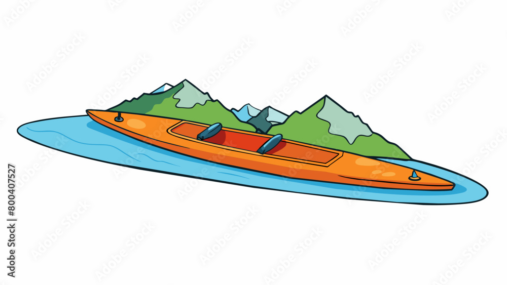 Poster In a serene mountain lake a kayak floats gently with the current. Its curved sides and narrow frame allow the paddler to weave effortlessly between. Cartoon Vector.