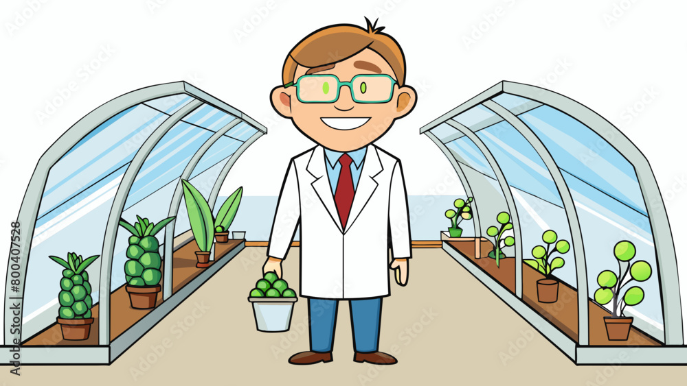 Aufkleber in a greenhouse a geneticist is surrounded by a variety of plants that have been genetically modifie