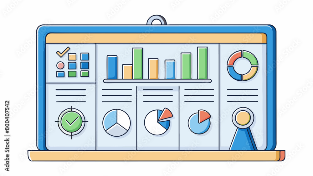 Aufkleber In a corporate setting a Scorecard is a visual presentation of different metrics and key performance indicators displayed on a large whiteboard or. Cartoon Vector.