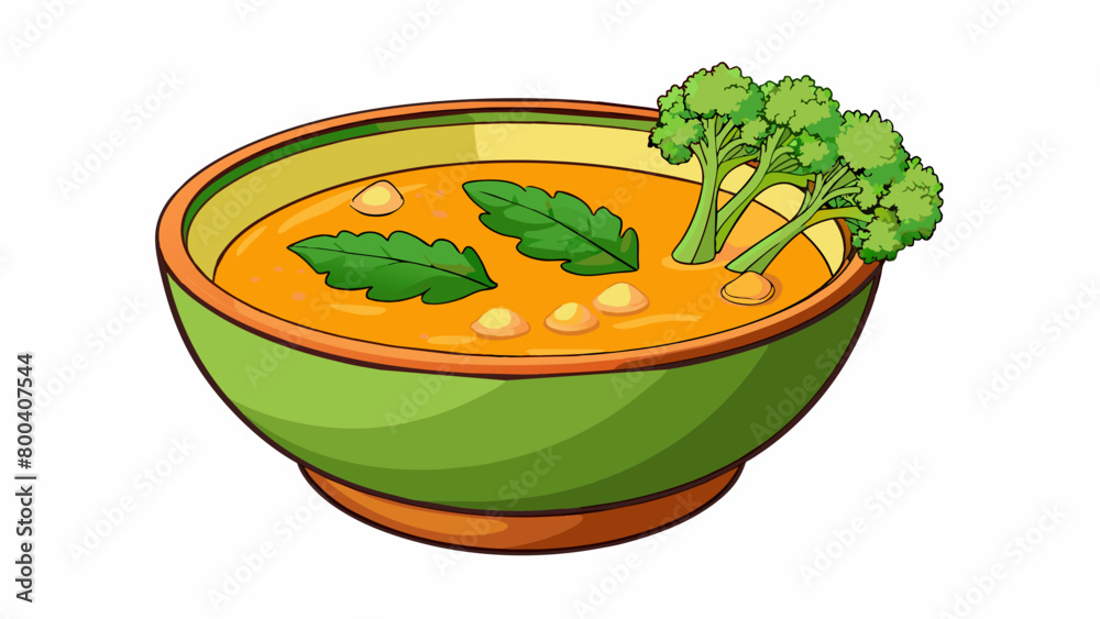 Poster In a vibrant bowl of vegetable soup a few dark green leaves of kale float on the surface adding a pop of color and texture to the broth. Their. Cartoon Vector.