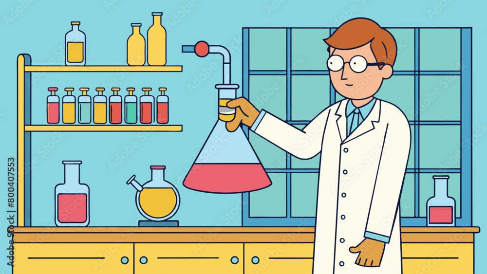 Poster in a clean and wellorganized laboratory a chemist is standing at a fume hood carefully pouring a liq