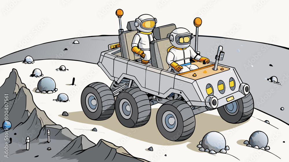 Poster in a spacious lunar rover tourists don bulky silver spacesuits and embark on an excursion across the