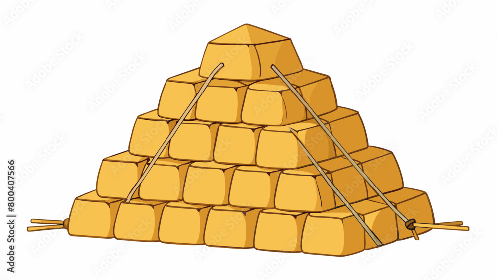 Poster In farming a pyramidshaped stack of hay or straw bales is often used for storage or decoration. These pyramids can vary in size and are typically held. Cartoon Vector.