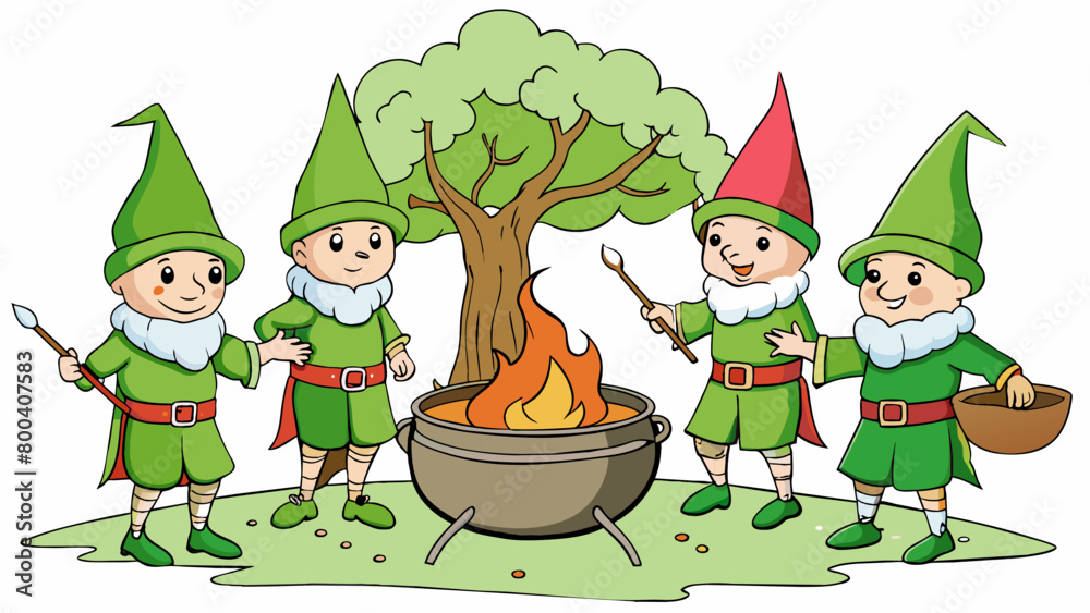 Poster In the depths of the forest a group of elves gather around a bubbling cauldron. They stir the potion with a branch from a magical tree their pointed. Cartoon Vector.