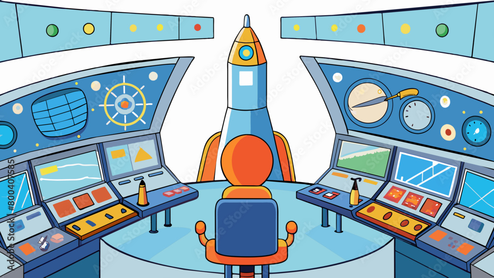 Poster In the pit of the rocket ship the control panel was a labyrinth of buttons switches and screens. The pilots sat in hightech seats sped in tightly with. Cartoon Vector.