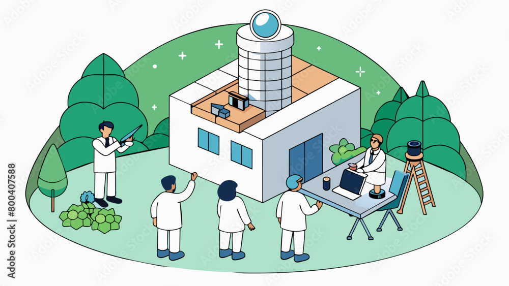 Poster In the middle of a bustling city a small building sits atop a hill surrounded by trees. Inside several scientists huddle around computer screens. Cartoon Vector.