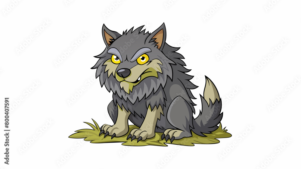 Poster In the midst of the forest a wolflike creature rests on its haunches. Its thick matted fur is a mixture of dark browns and greys blending seamlessly. Cartoon Vector.