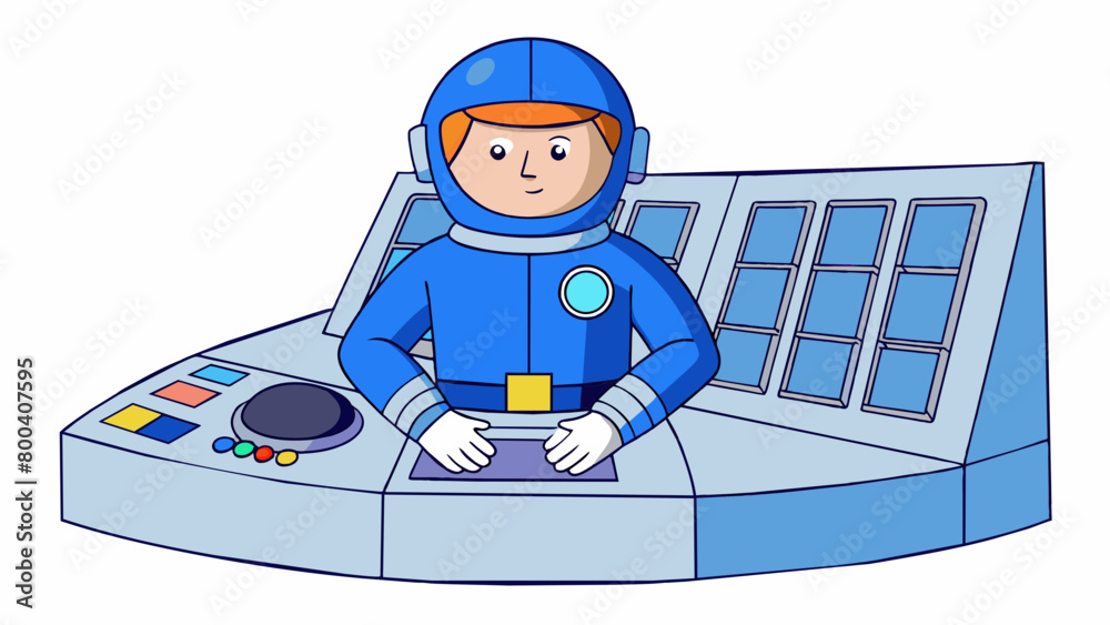Poster In the space station an astronaut sits at a control panel monitoring screens and buttons in front of them. They wear a formfitting blue jumpsuit with. Cartoon Vector.