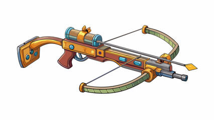 Imagine a handheld device that resembles a mix between a bow and a rifle. The front end has a short wide bow with an arrow knocked on the string while. Cartoon Vector.
