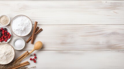 A neat and delicate arrangement of essential baking ingredients on a light wooden surface - Powered by Adobe