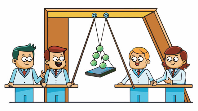 In the science classroom a wooden pendulum is set up with a heavy metal bob at the bottom. As the pendulum swings students observe its period or the. Cartoon Vector.