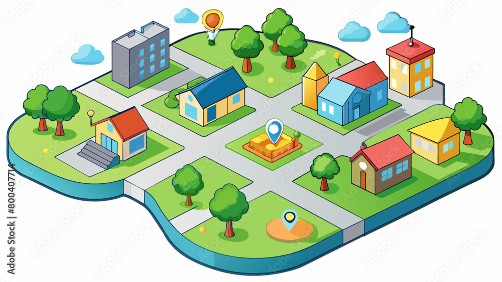 Poster Neighborhood Map A neighborhood map that highlights the key features and landmarks within a community. The map shows streets parks schools and local. Cartoon Vector.