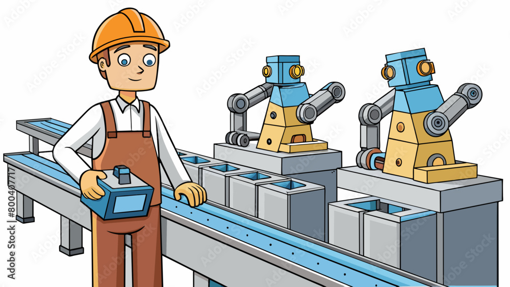 Poster On the factory floor the engineer observed the large conveyor belt system. They made sure each machine was functioning properly and that the robots. Cartoon Vector.