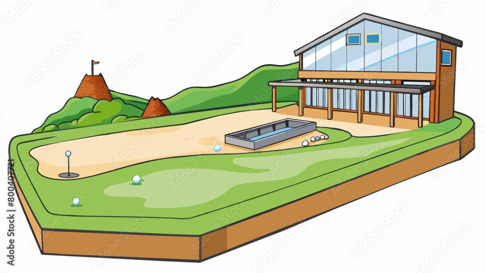 Poster nestled between rolling hills a driving range occupies a flat patch of land. the wind picks up carry